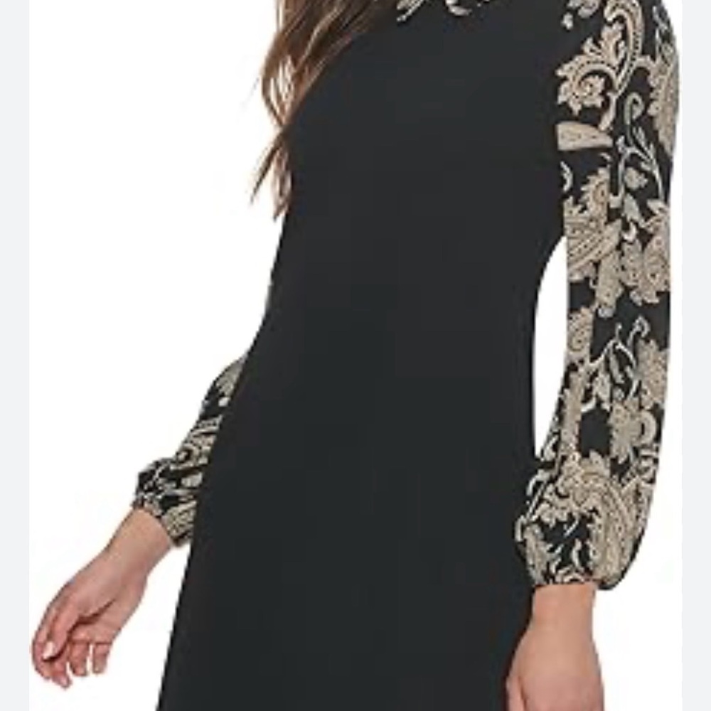 Size 6 Tommy Hilfiger Black Dress with Beige Paisley Long Sleeves